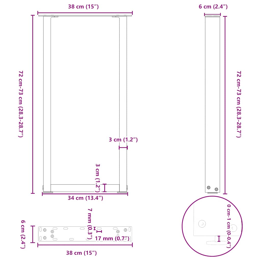 Konsollbordben U-formet 2 stk hvit 38 x (72-73) cm stål