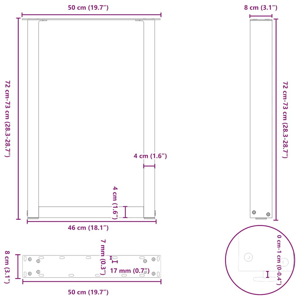 Spisebordben U-formet 2 stk hvit 50x(72-73) cm stål
