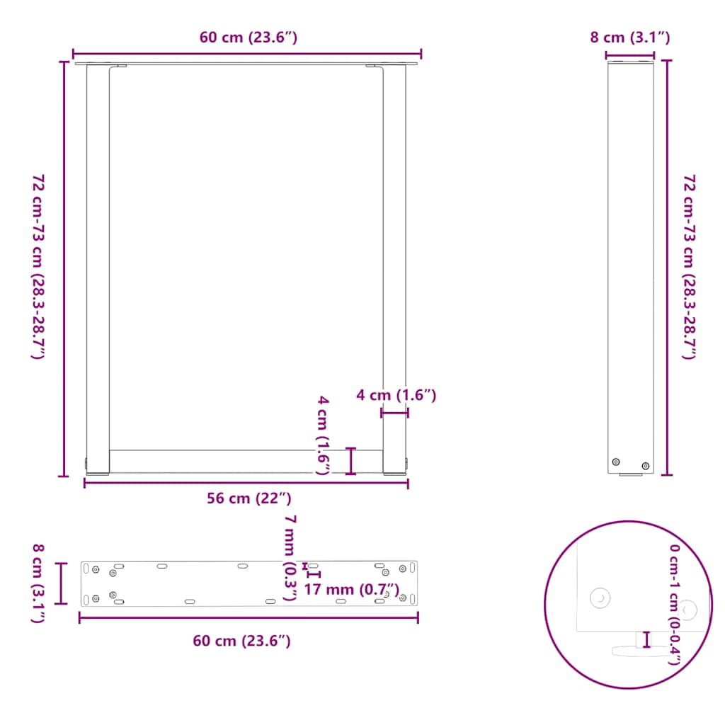 Spisebordben U-formet 2 stk antrasitt 60 x (72-73) cm stål