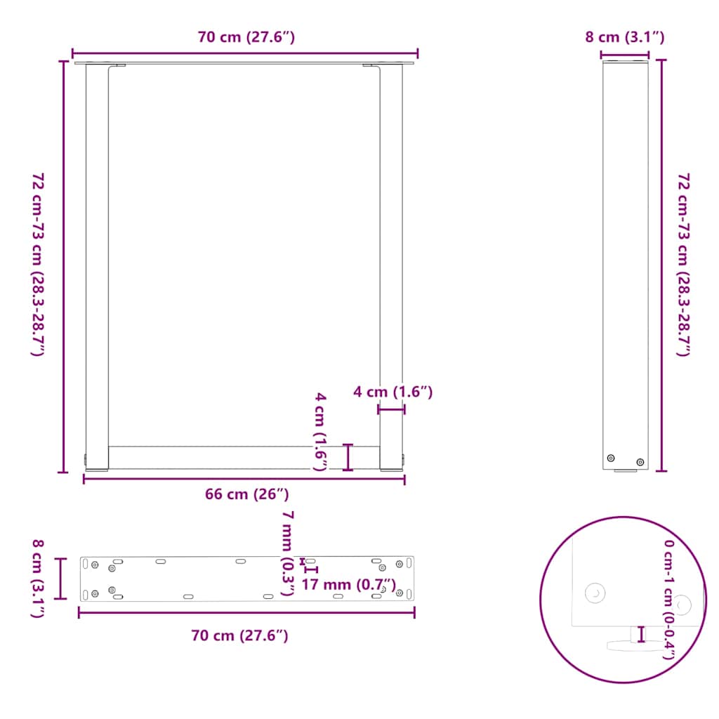 Spisebordben U-formet 3 stk naturstål 70 x (72-73) cm stål