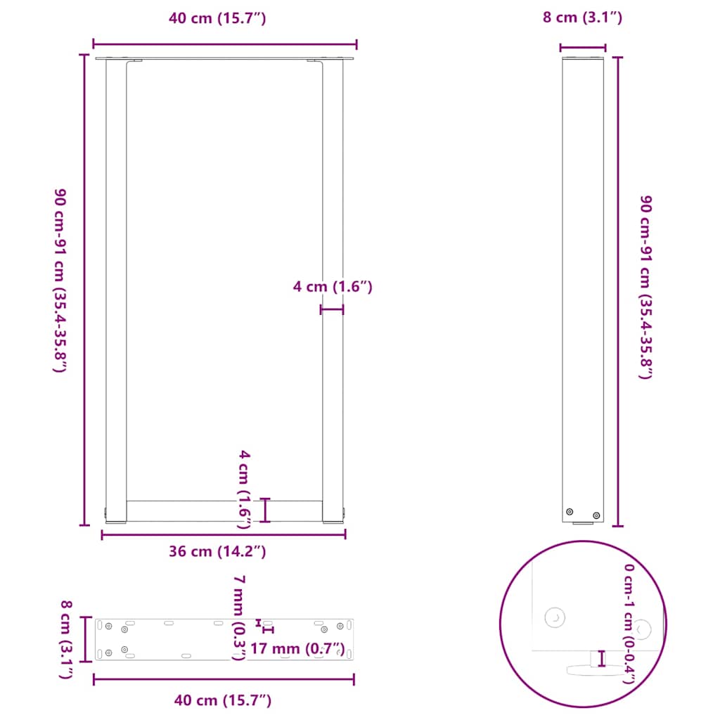 Barbordben U-formet 2 stk svart 40x(90-91) cm stål