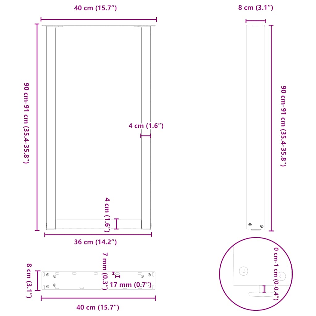 Barbordben U-formet 2 stk hvit 40x(90-91) cm stål