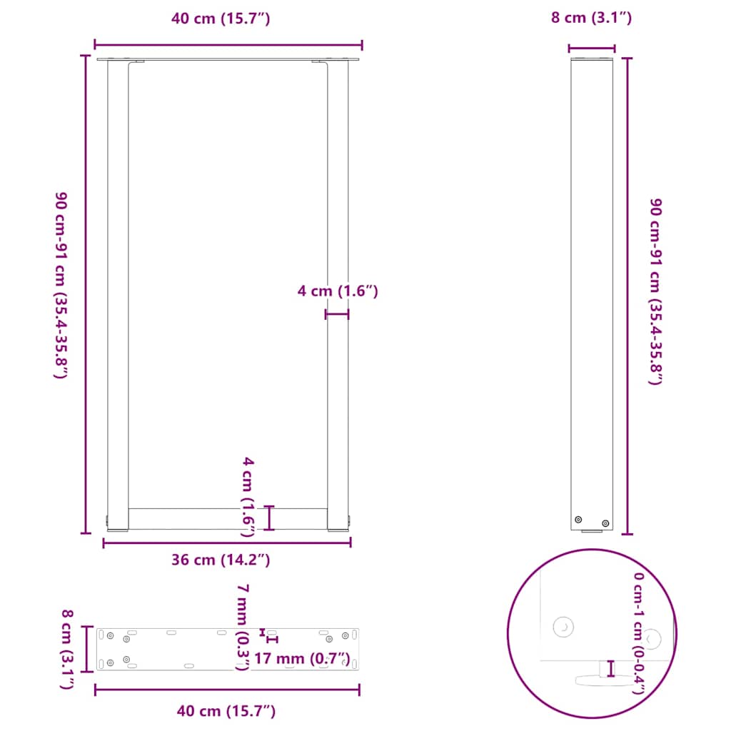Barbordben U-formet 2 stk naturstål 50x(90-91) cm stål