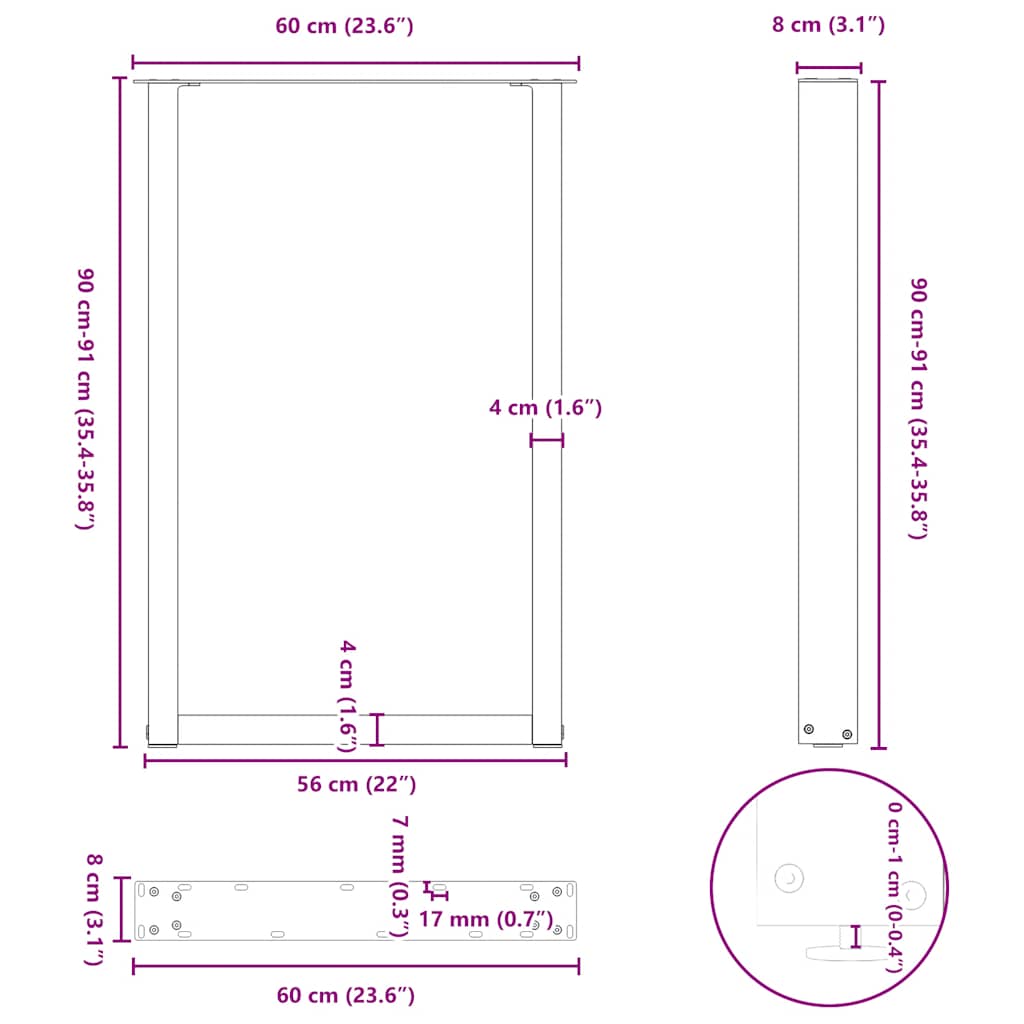 Barbordben U-formet 2 stk hvit 60x(90-91) cm stål