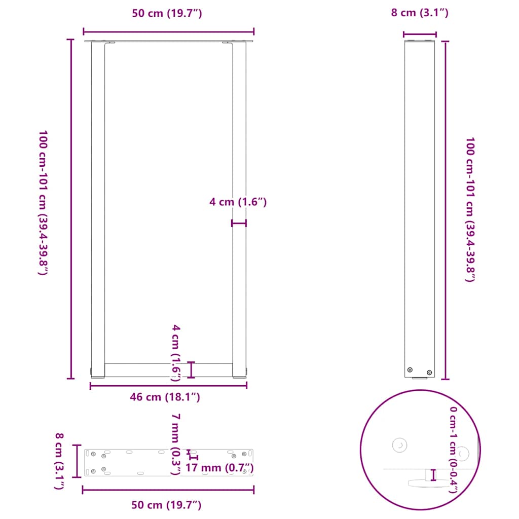Barbordben U-formet 2 stk antrasitt 50x(100-101) cm stål