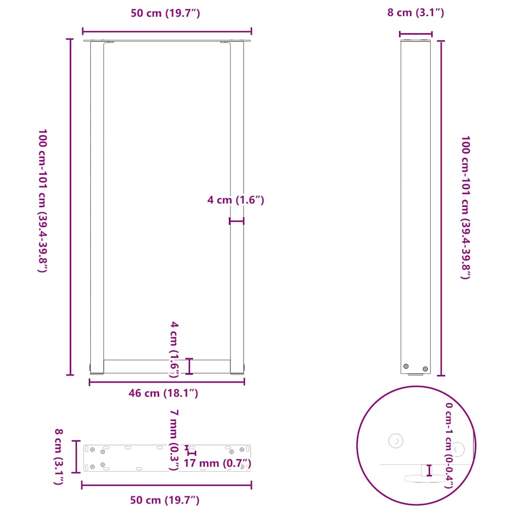 Barbordben U-formet 2 stk naturstål 50x(100-101) cm stål