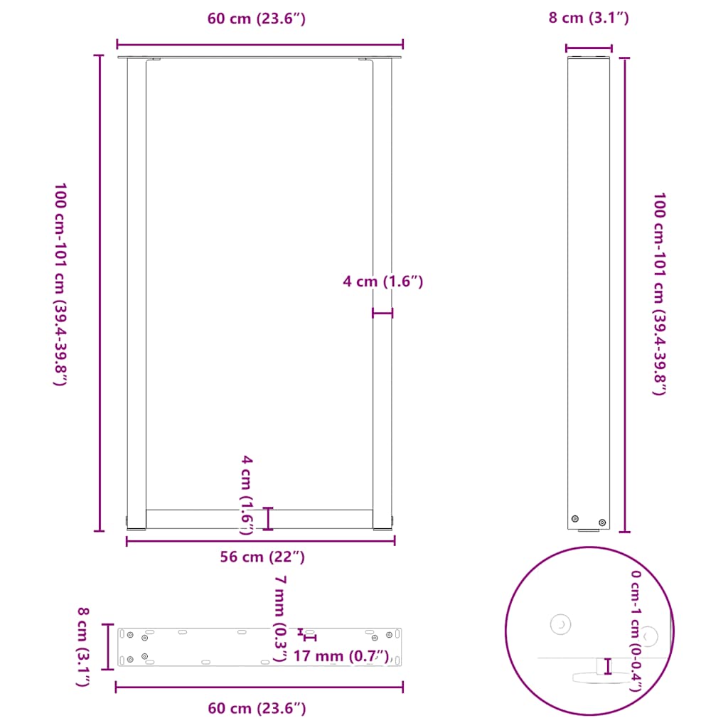 Barbordben U-formet 2 stk hvit 60x(100-101) cm stål