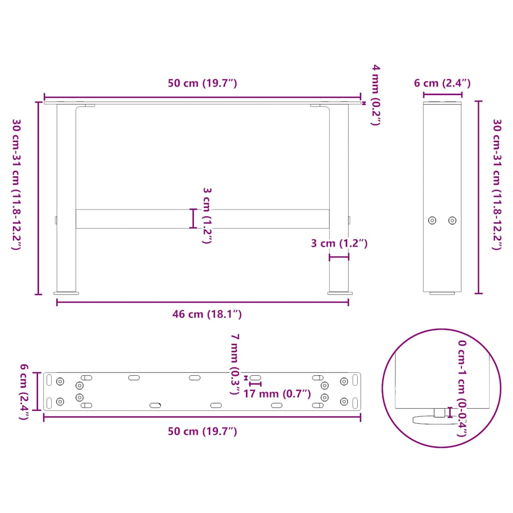 Salongbordben naturstål 2 stk 50x(30-31) cm stål