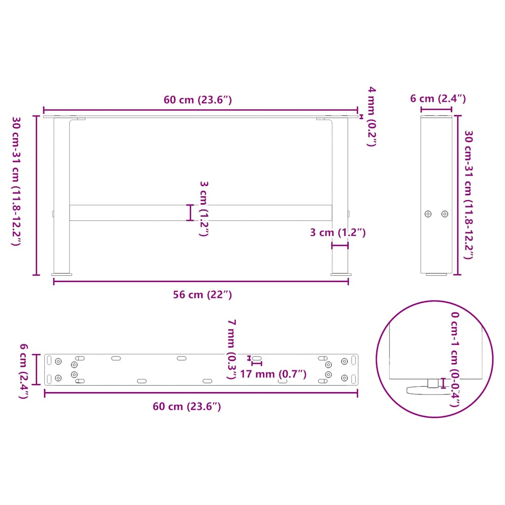Salongbordben svart 2 stk 60x(30-31) cm stål