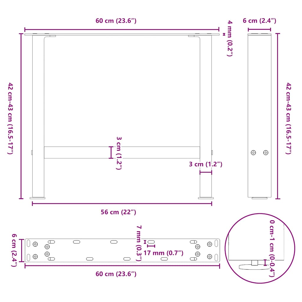 Salongbordben naturstål 2 stk 60x(42-43) cm stål