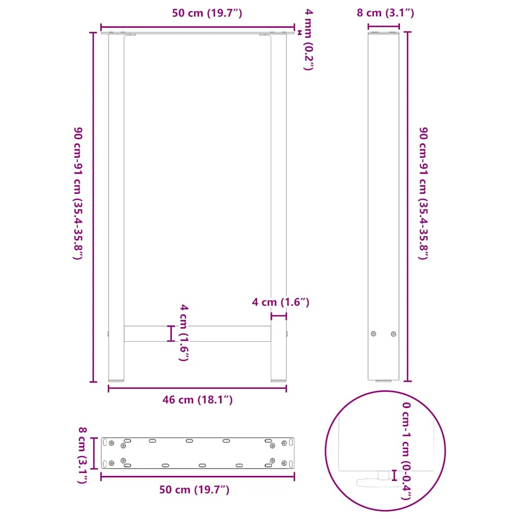 Barbordben naturstål 2 stk 50x(90-91) cm stål