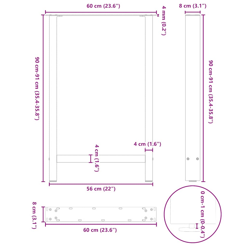 Barbordben naturstål 2 stk 60x(90-91) cm stål