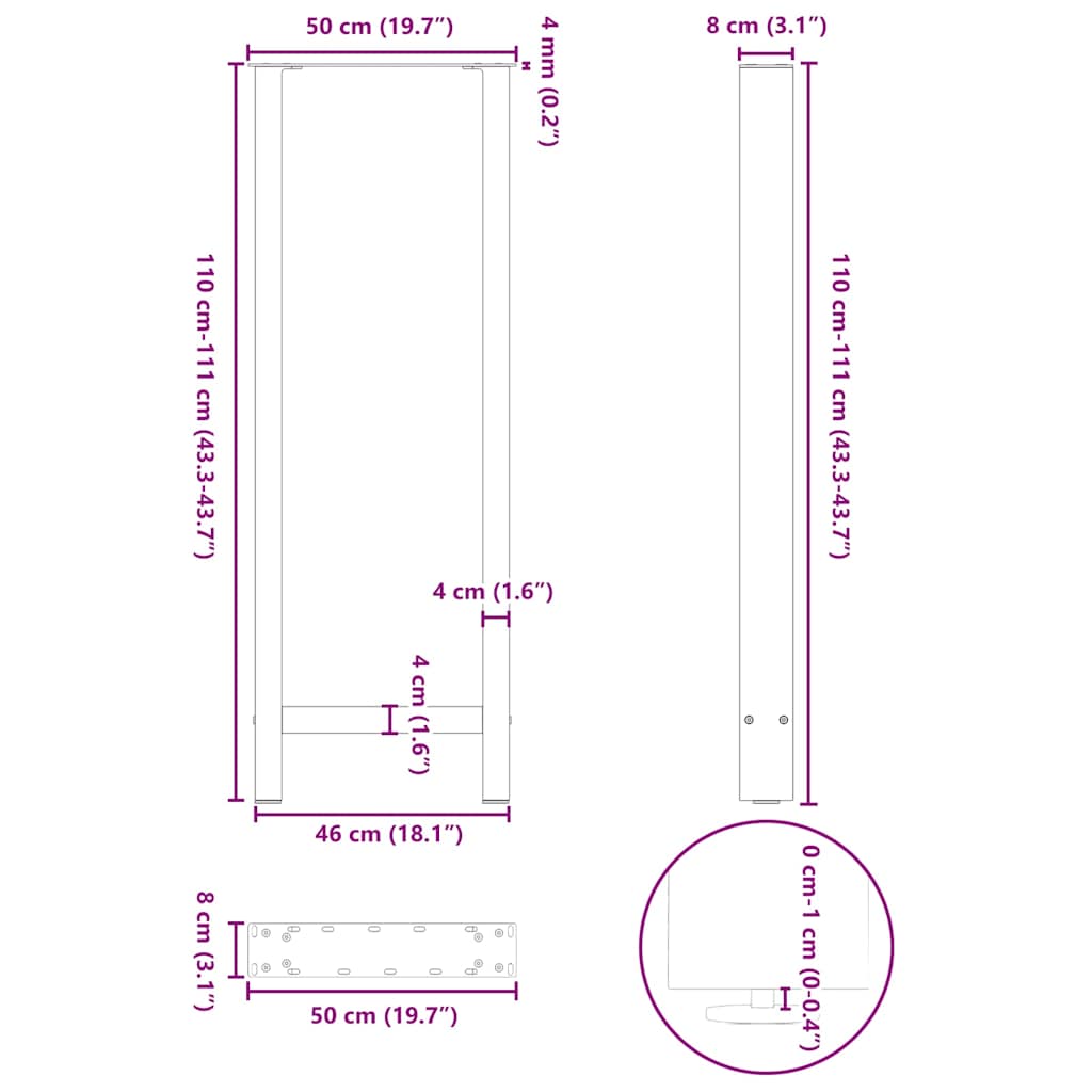 Barbordben hvite 2 stk 50x(110-111) cm stål