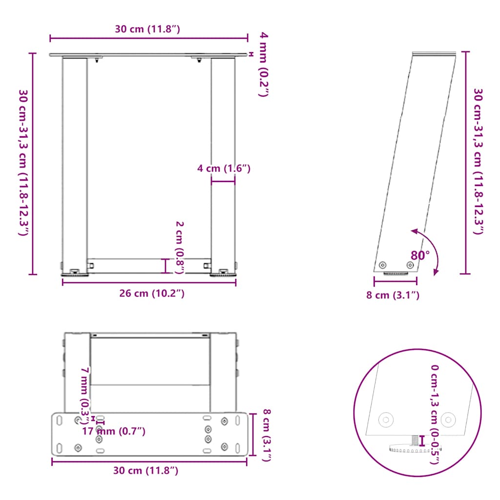 Salongbordben U-formet 2 stk svart 30x(30-31) cm stål