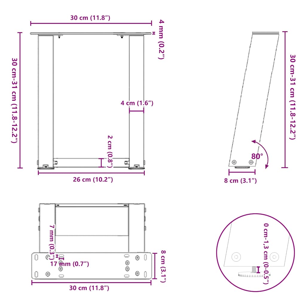 Salongbordben U-formet 2 stk antrasitt 30x(30-31) cm stål