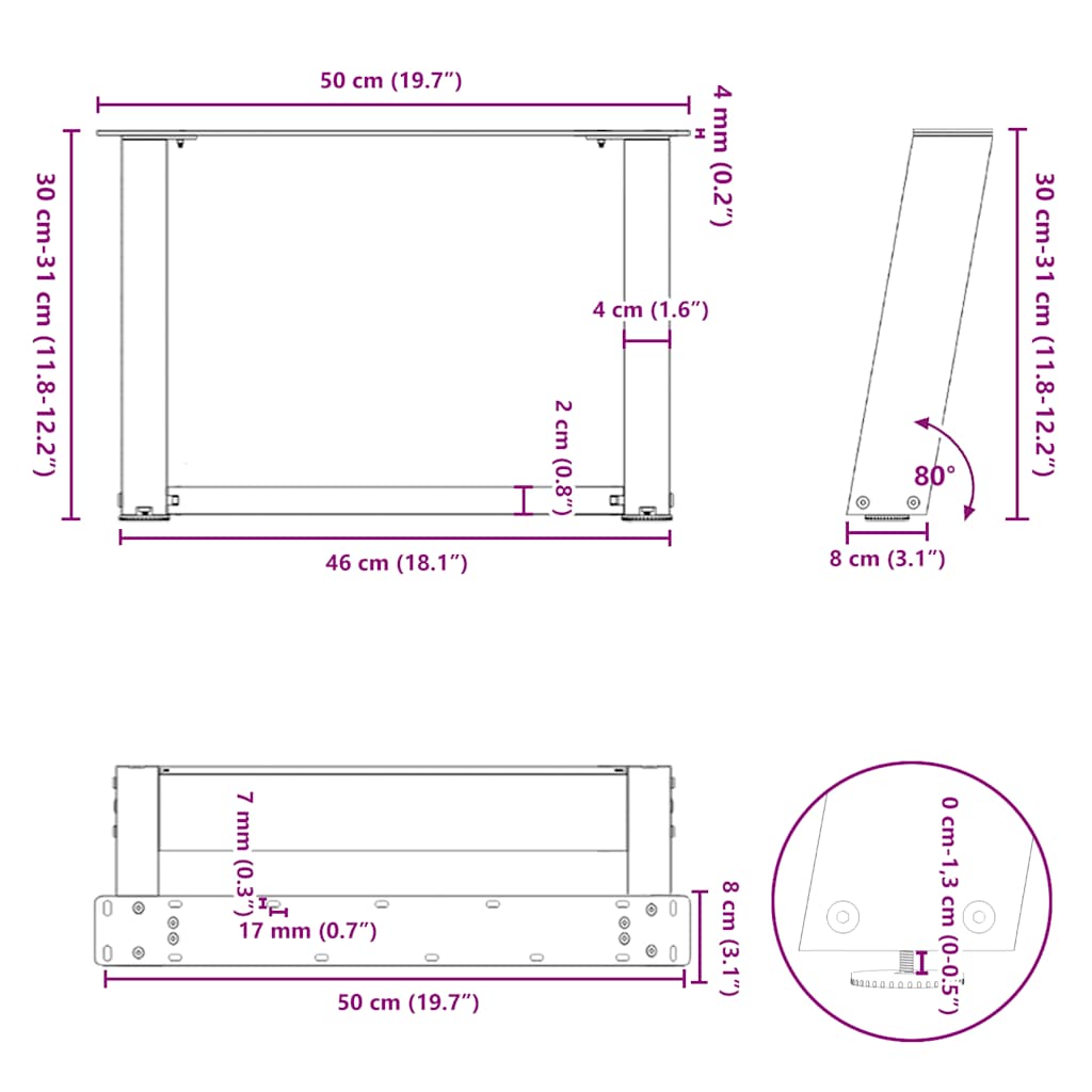 Salongbordben U-formet 2 stk hvit 50x(30-31) cm stål