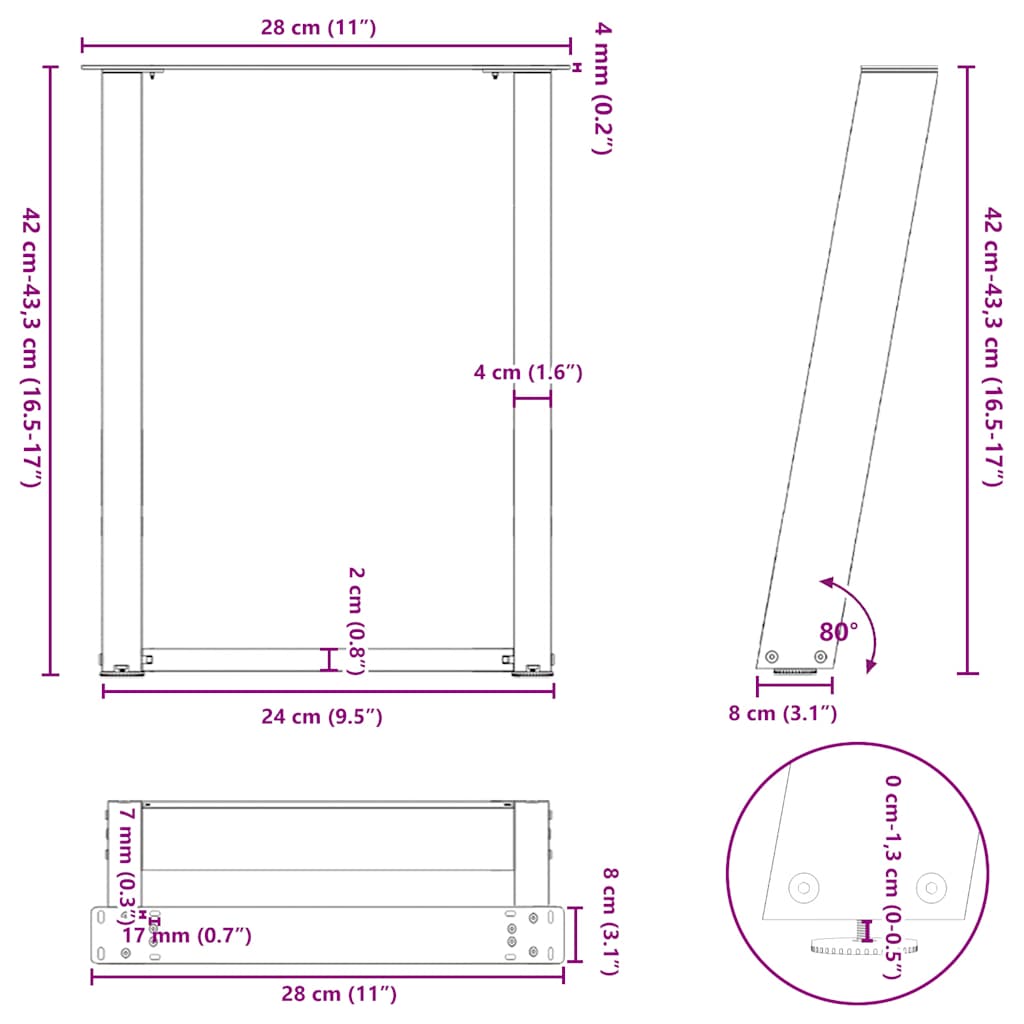 Salongbordben U-formet 2 stk hvit 28 x (42-43) cm stål vidaXL
