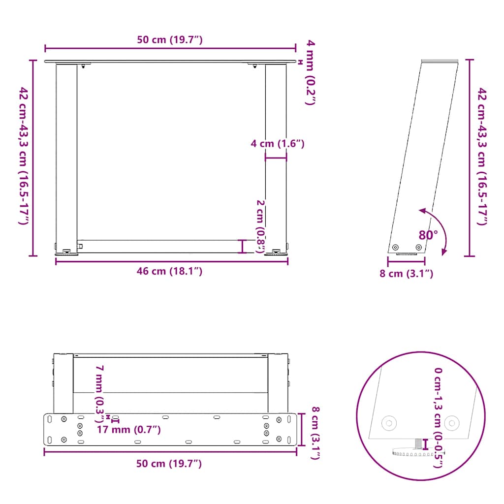 Salongbordben U-formet 2 stk hvit 50x(42-43) cm stål vidaXL