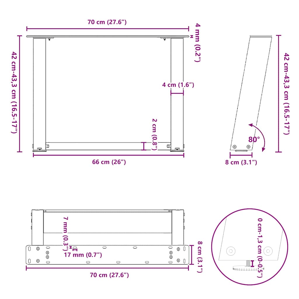 Salongbordben U-formet 2 stk naturstål 70 x (42-43) cm stål