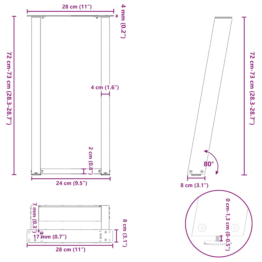Konsollbordben U-formet 2 stk hvit 28 x (72-73) cm stål