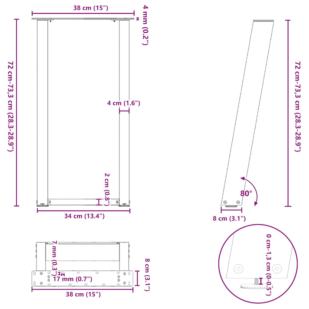 Konsollbordben U-formet 2 stk naturstål 38 x (72-73) cm stål