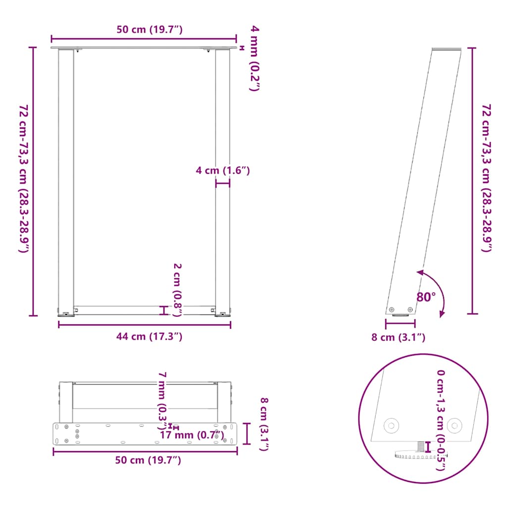 Spisebordben U-formet 2 stk antrasitt 50x(72-73) cm stål