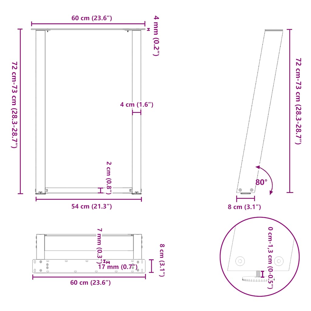 Spisebordben U-formet 2 stk naturstål 60 x (72-73) cm stål