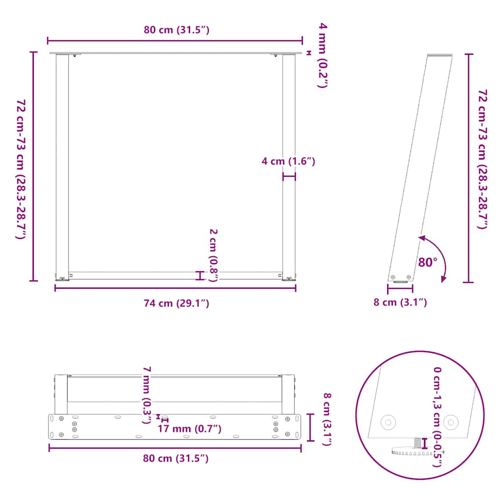 Spisebordben U-formet 2 stk antrasitt 80x(72-73) cm stål