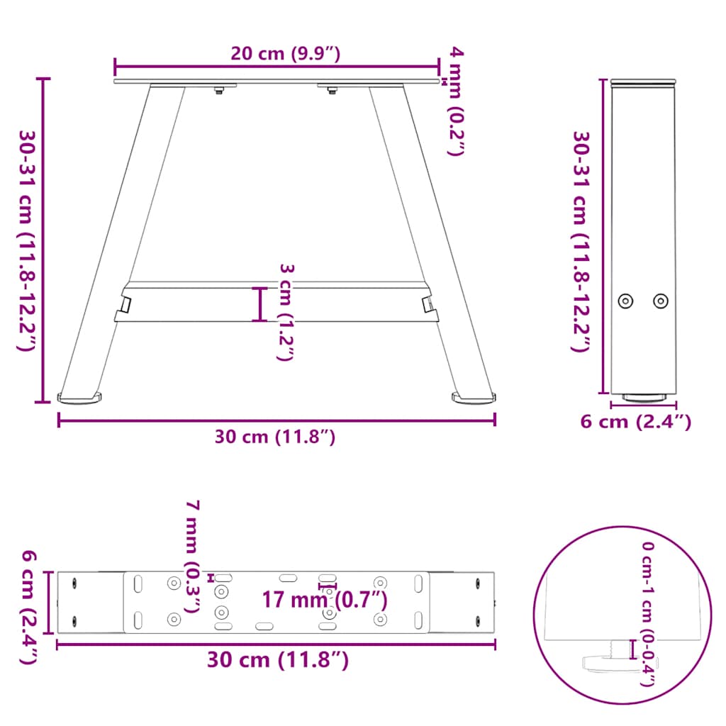Salongbordben A-formet 2 stk hvit 30x(30-31) cm stål