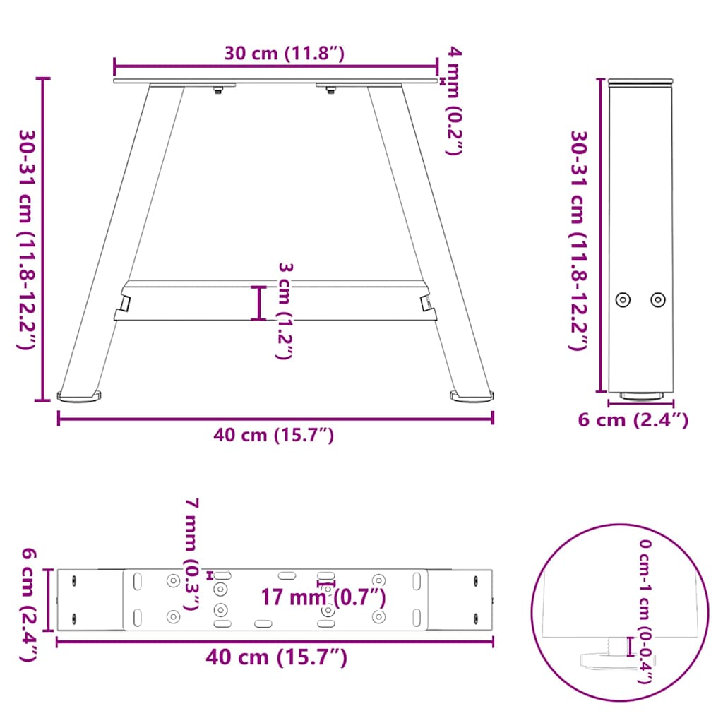 Salongbordben A-formet 2 stk 40x(30-31) cm stål