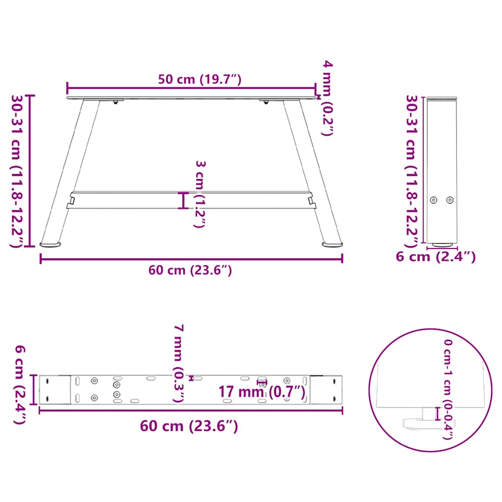 Salongbordben A-formet 2 stk hvit 60x(30-31) cm stål