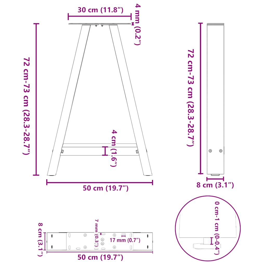 Spisebordben A-formet 2 stk 50x(72-73) cm stål