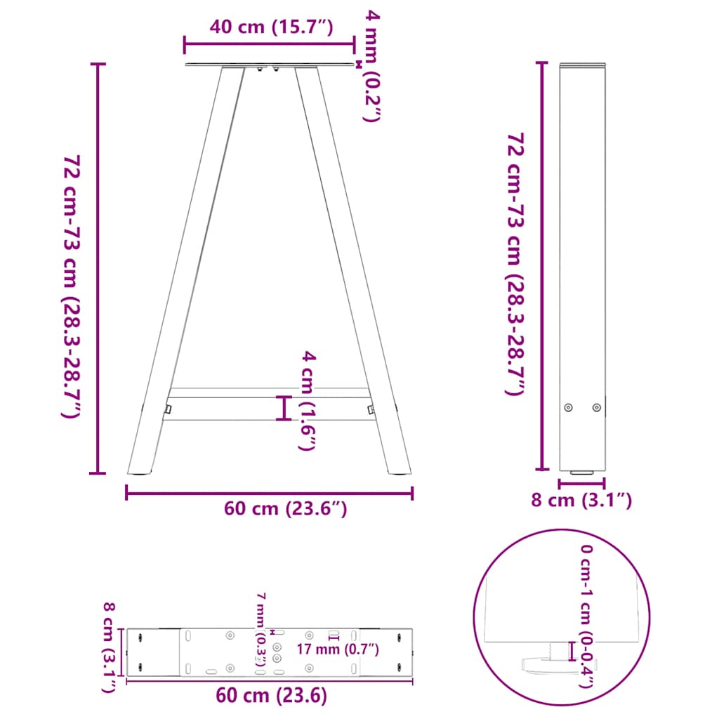 Spisebordben A-formet 2 stk 60 x (72-73) cm stål