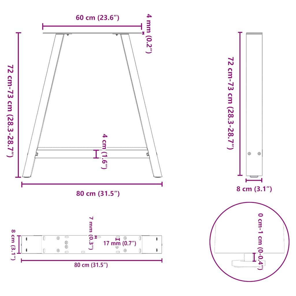 Spisebordben A-formet 2 stk 80 x (72-73) cm stål