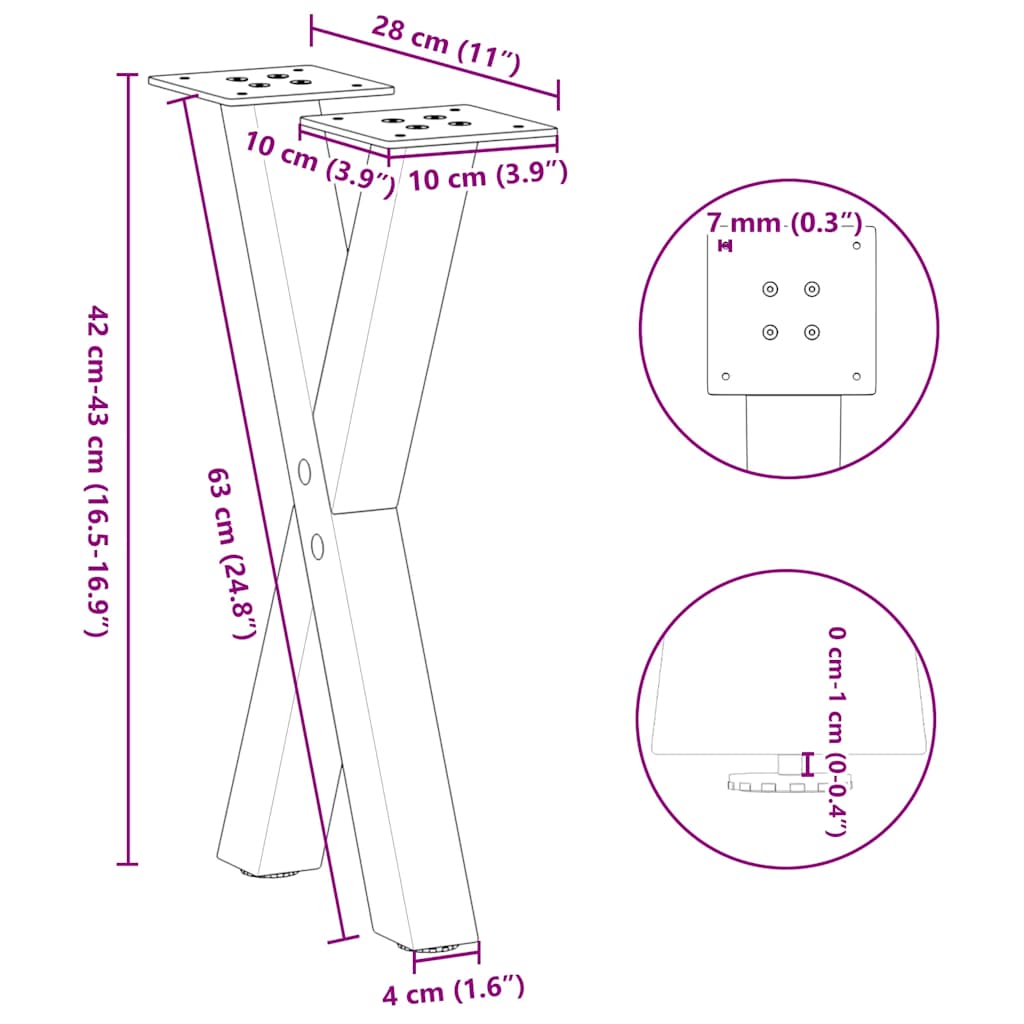 Salongbordben X-formet 2 stk hvit 28 x (42-43) cm stål