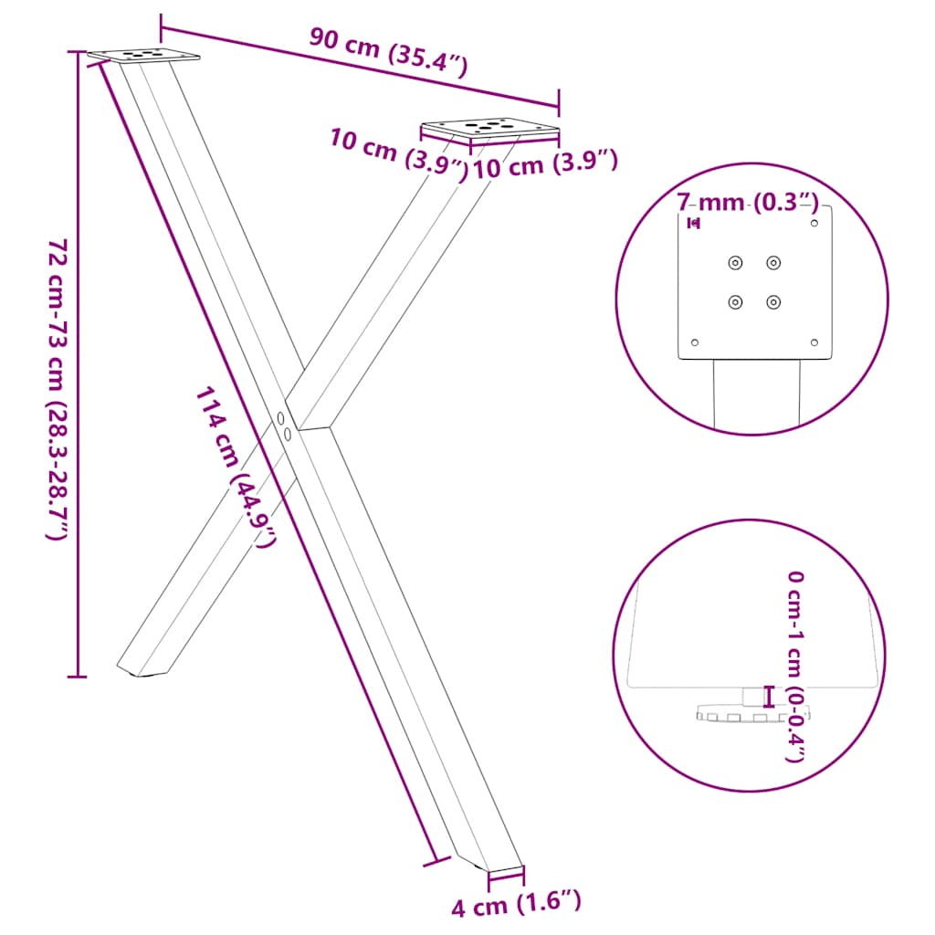 Spisebordben X-formet 2 stk hvit 90 x (72-73) cm stål