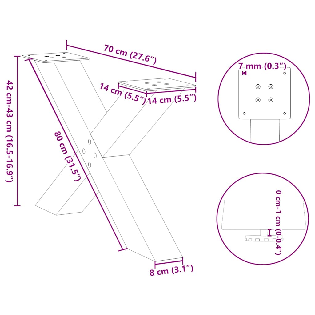 Salongbordben X-formet 2 stk naturstål 70 x (42-43) cm stål