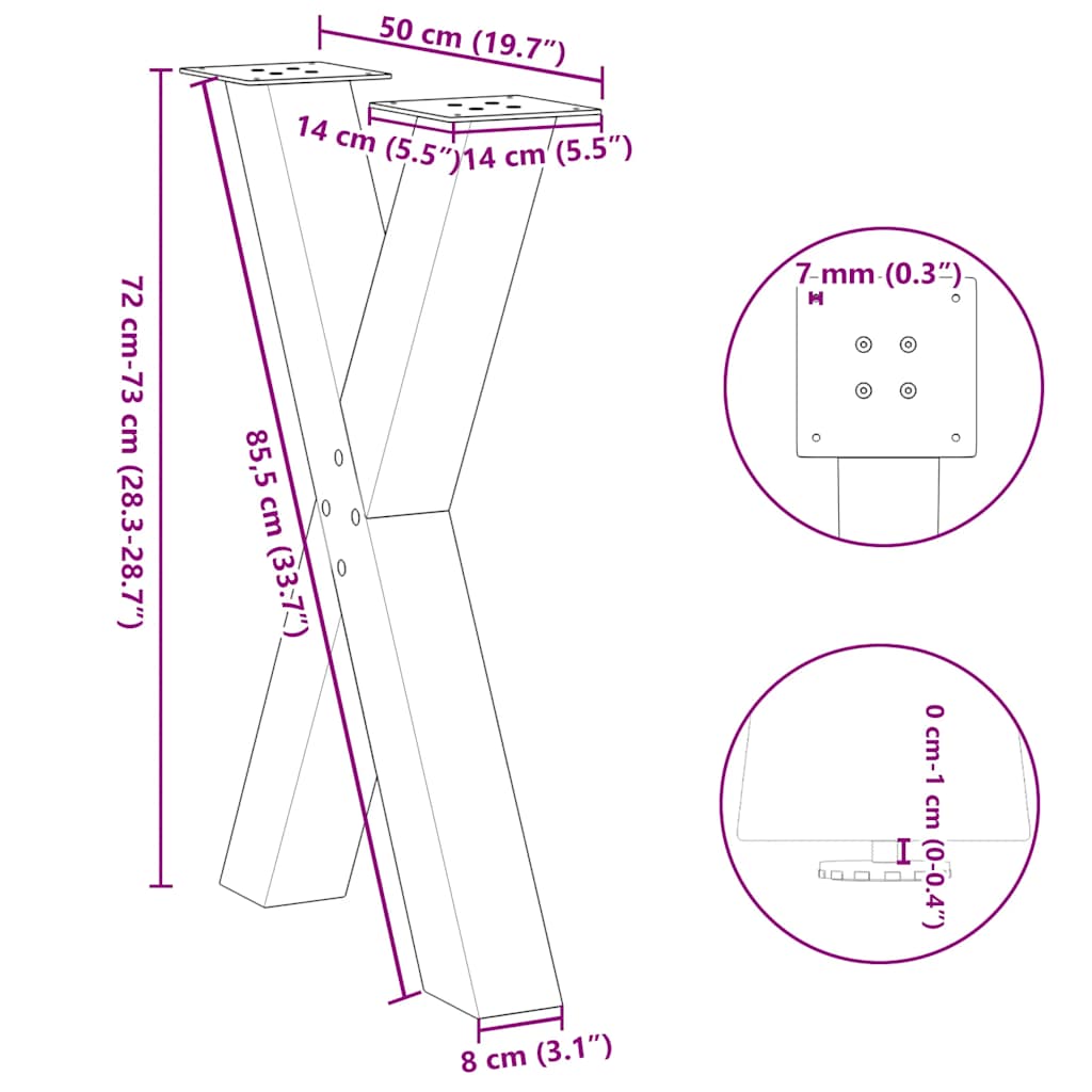 Spisebordben X-formet 2 stk naturstål 50x(72-73) cm stål vidaXL