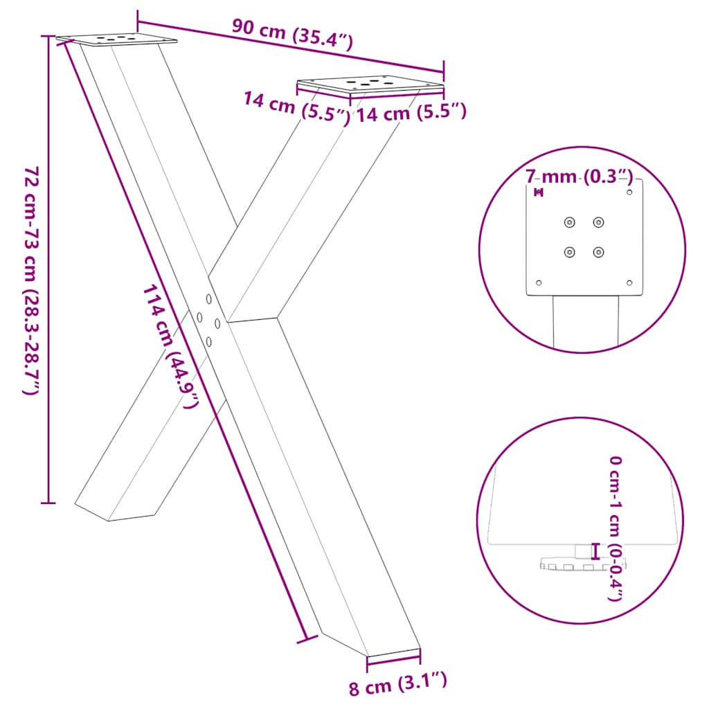 Spisebordben X-formet 2 stk hvit 90 x (72-73) cm stål