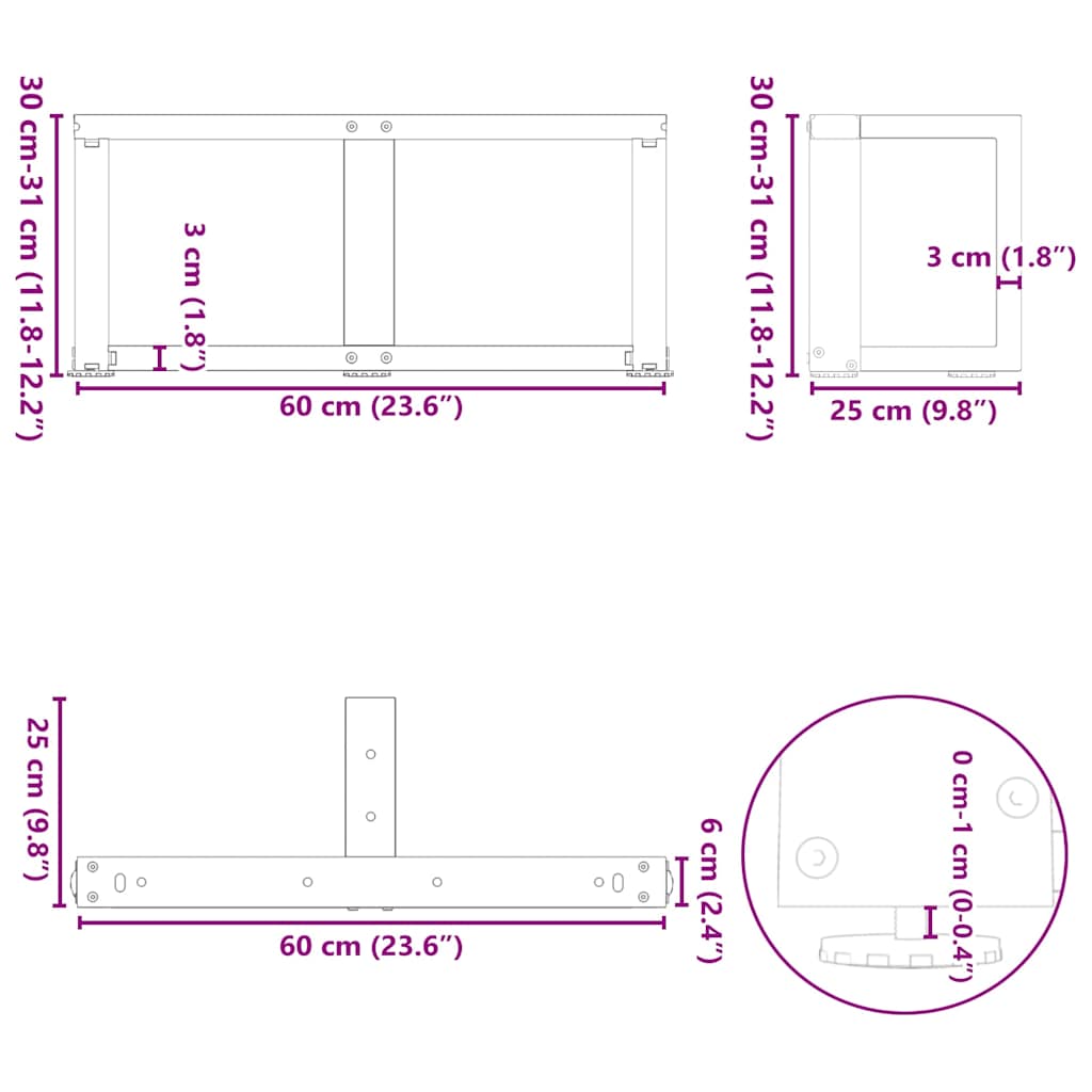 Salongbordben T-formet 2 stk svart 60x25x(30-31) cm stål