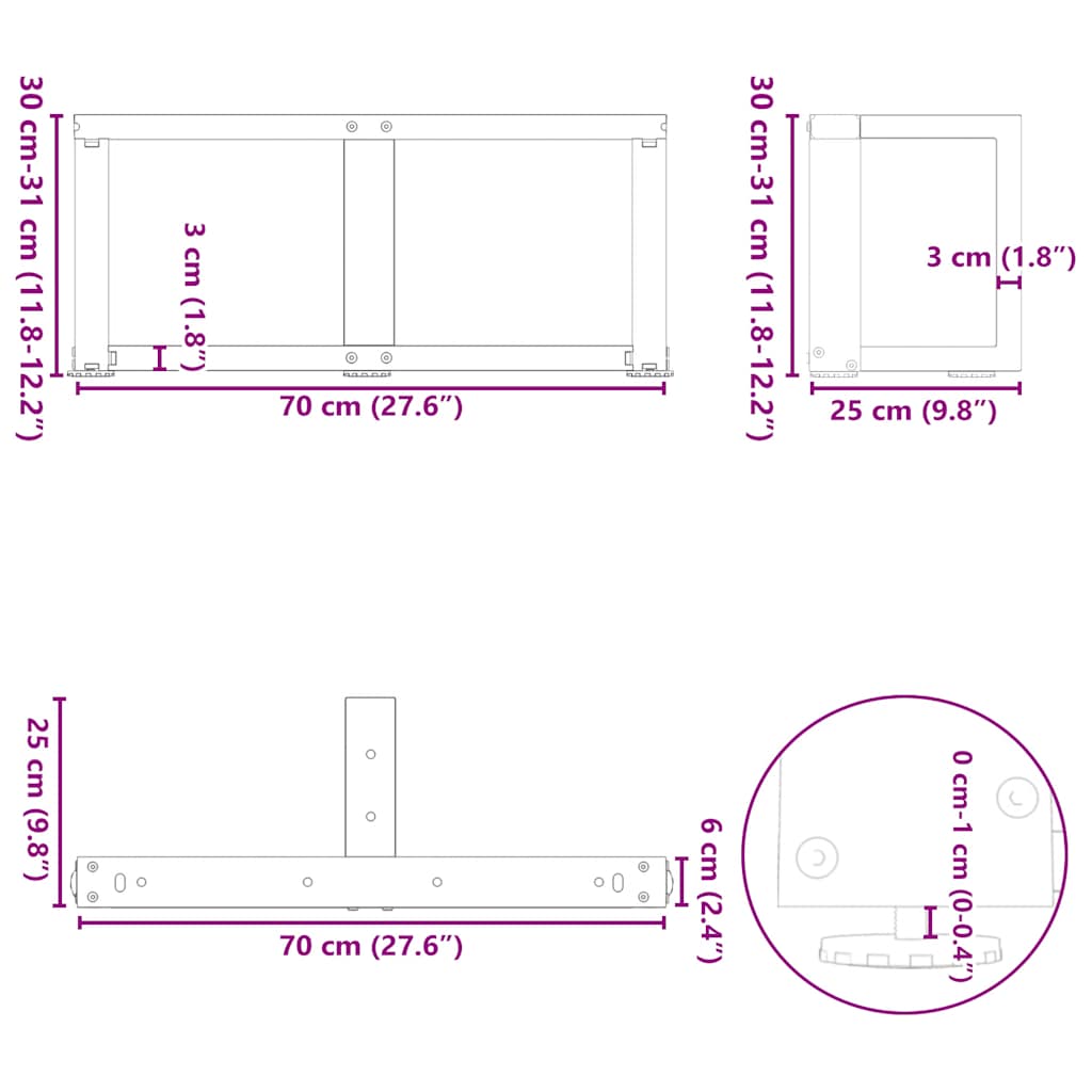 Salongbordben T-formet 2 stk hvit 70x25x(30-31) cm stål