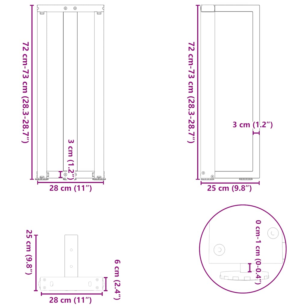 Konsollbordben T-formet 2 stk svart 25x28x(72-73) cm stål