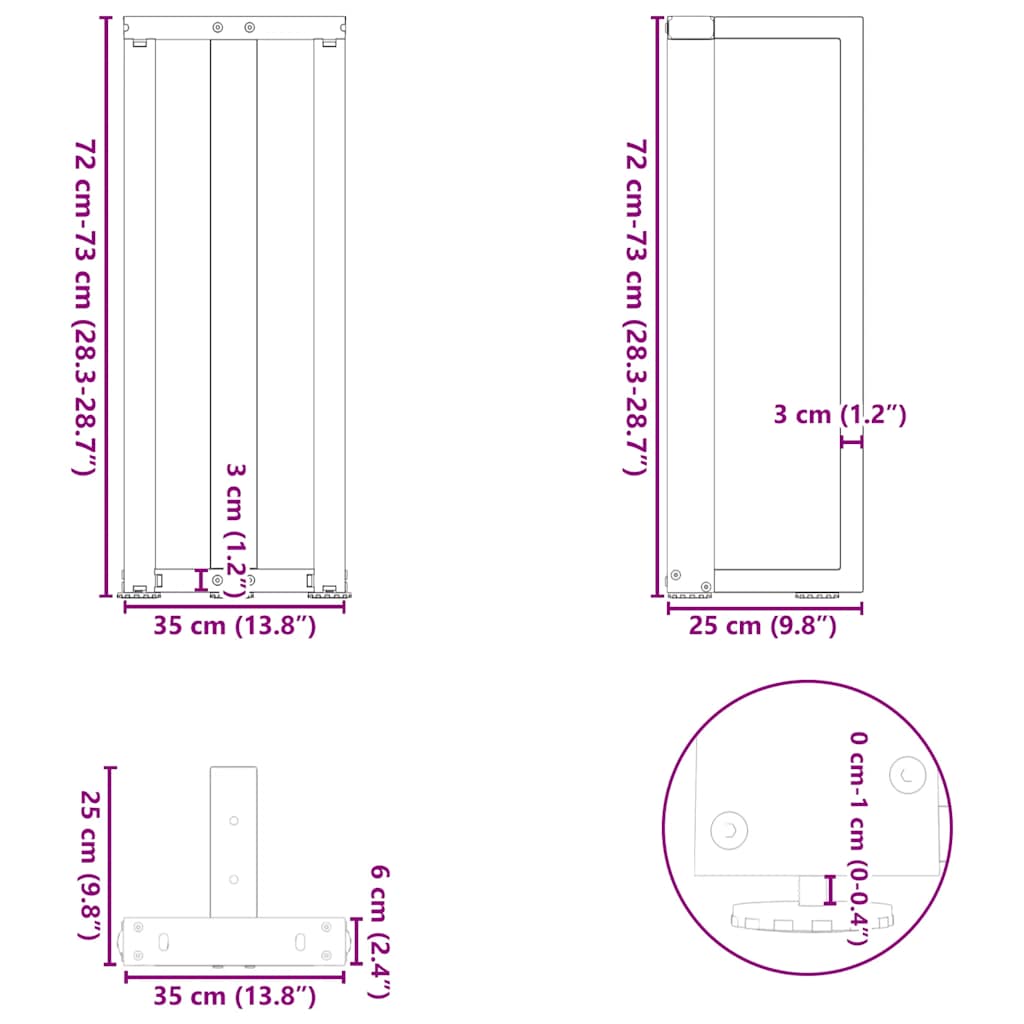 Konsollbordben T-formet 2 stk hvit 38x25x(72-73) cm stål