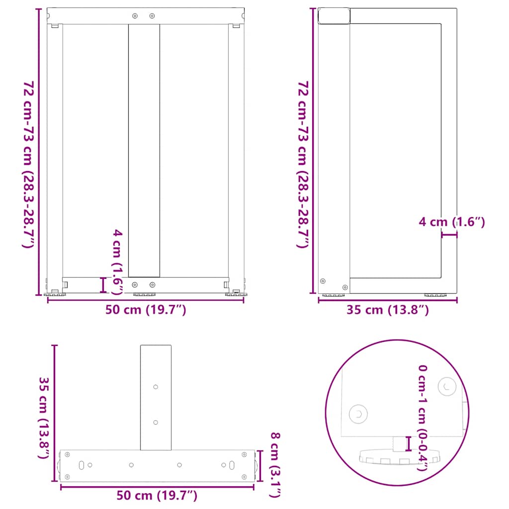 Spisebordben T-formet 2 stk svart 50x35x(72-73) cm stål