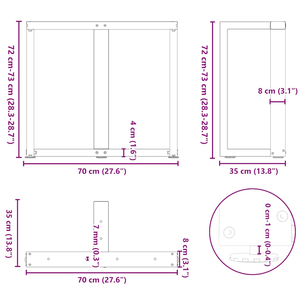 Spisebordben T-formet 2 stk svart 70x35x(72-73) cm stål