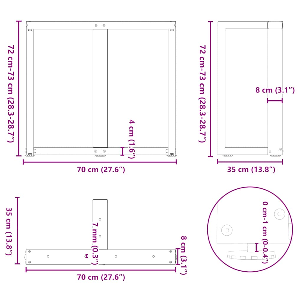 Spisebordben T-formet 2 stk hvit 70x35x(72-73) cm stål