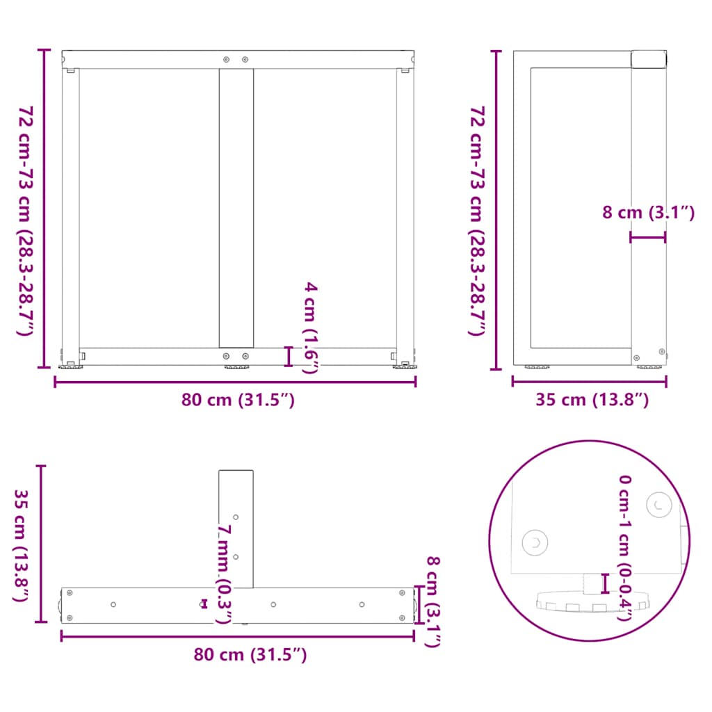 Spisebordben T-formet 2 stk svart 80x35x(72-73) cm stål