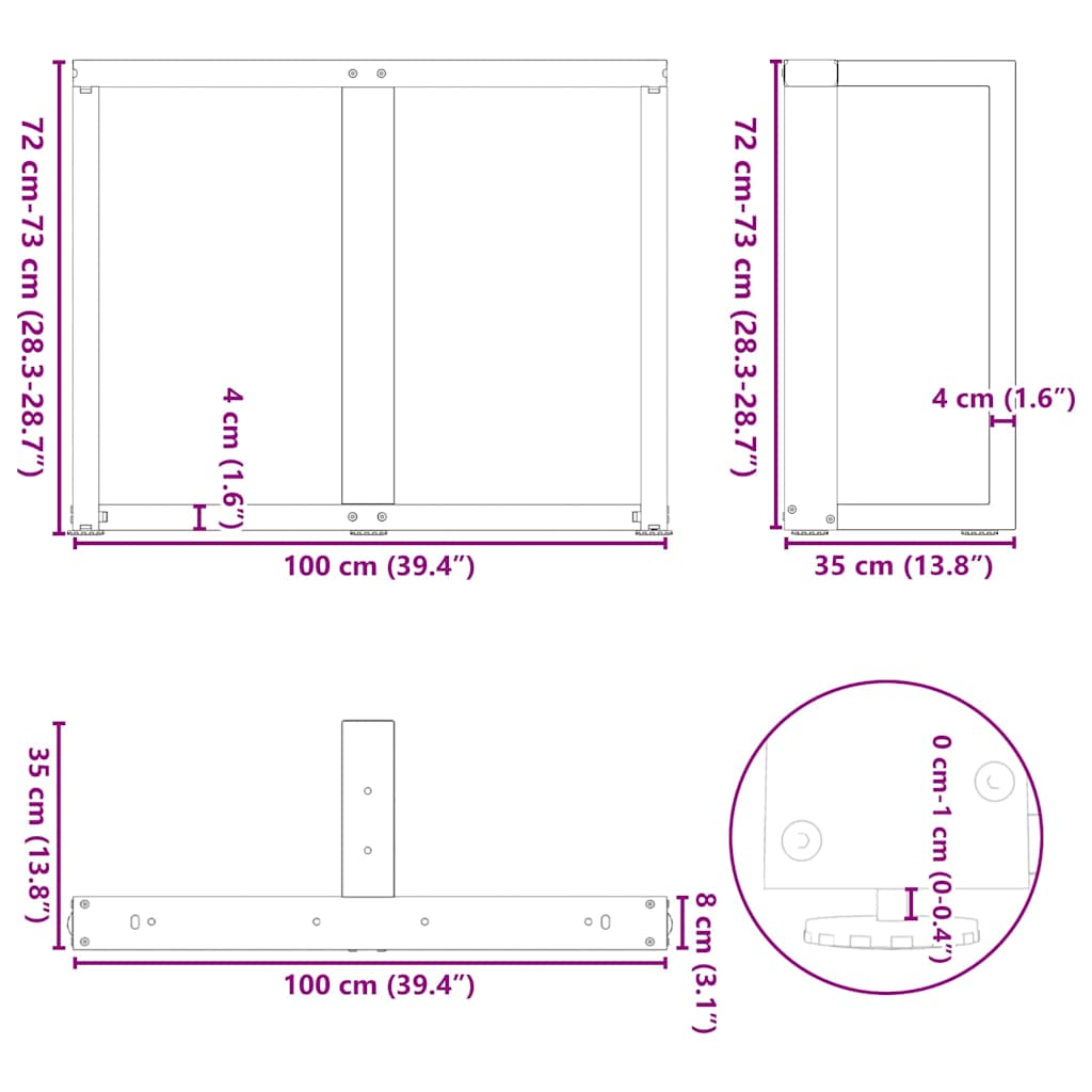 Spisebordben T-formet 2 stk svart 100x35x(72-73) cm stål