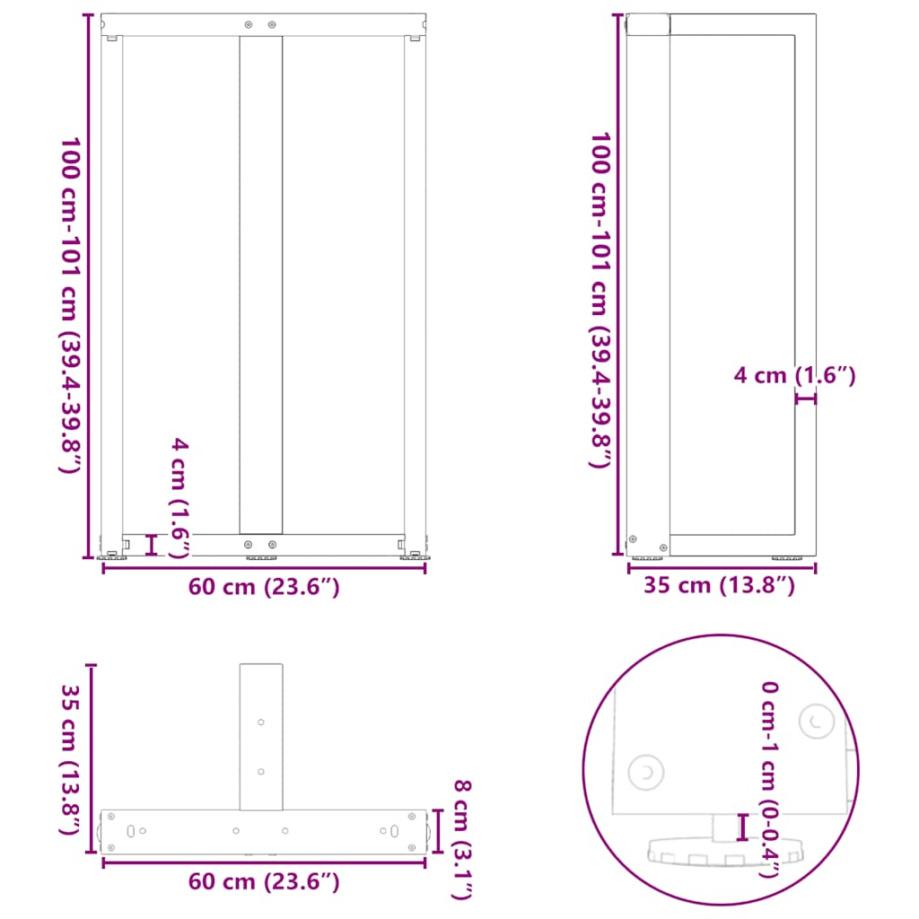 Barbordben T-formet 2 stk svart 60x35x(100-101) cm stål