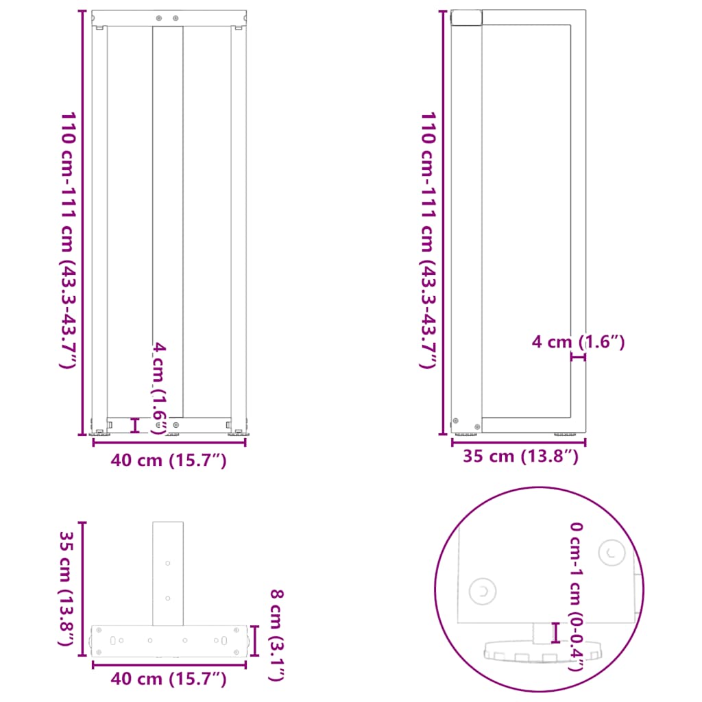 Barbordben T-formet 2 stk svart 40x35x(110-111) cm stål